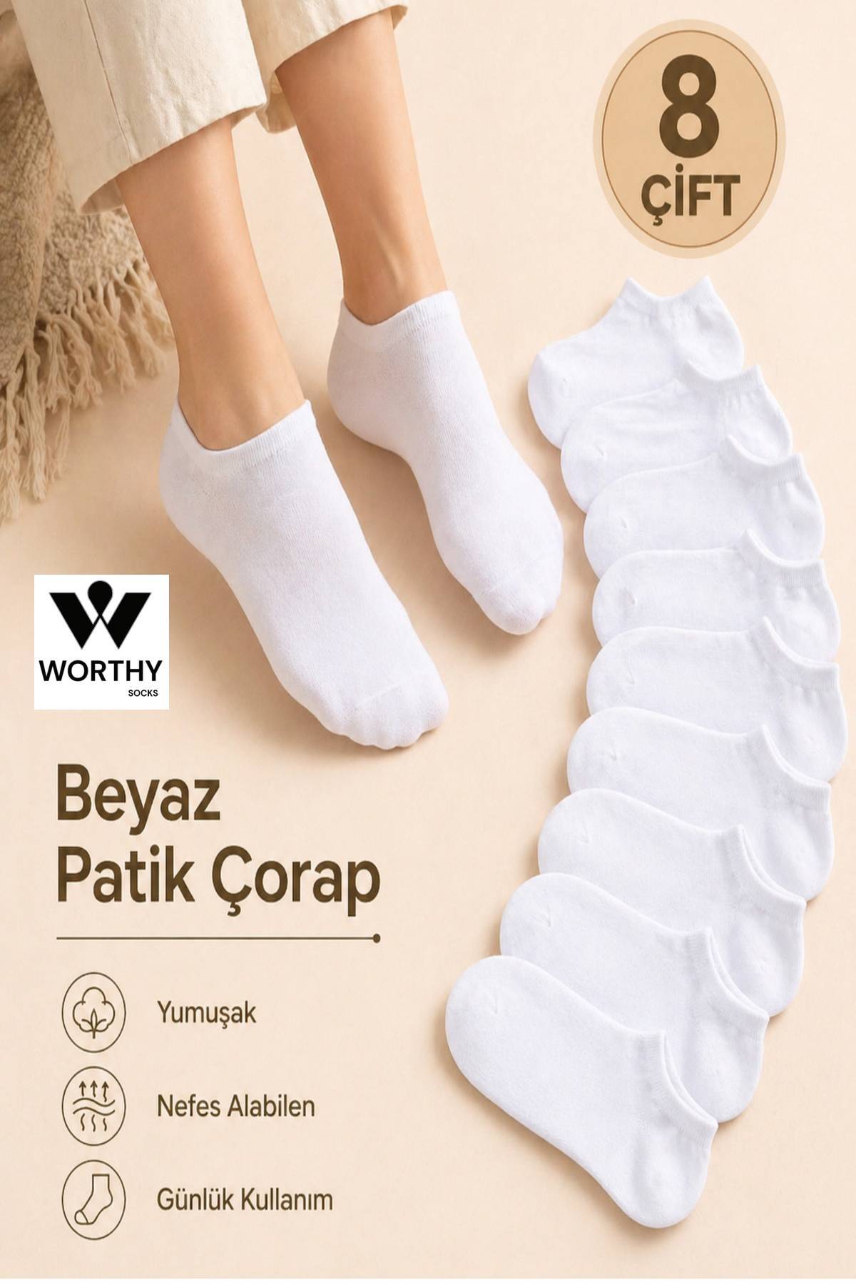 WORTHY SOCKS 8 komada belih kratkih čarapa za gležnjeve