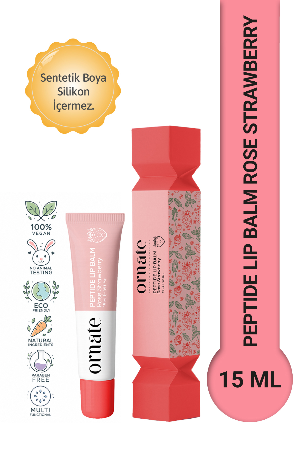 ORNATE Peptide Lip Balm Rose Strawberry, Nemlendirici, Parlatıcı Lip Balm Çil...