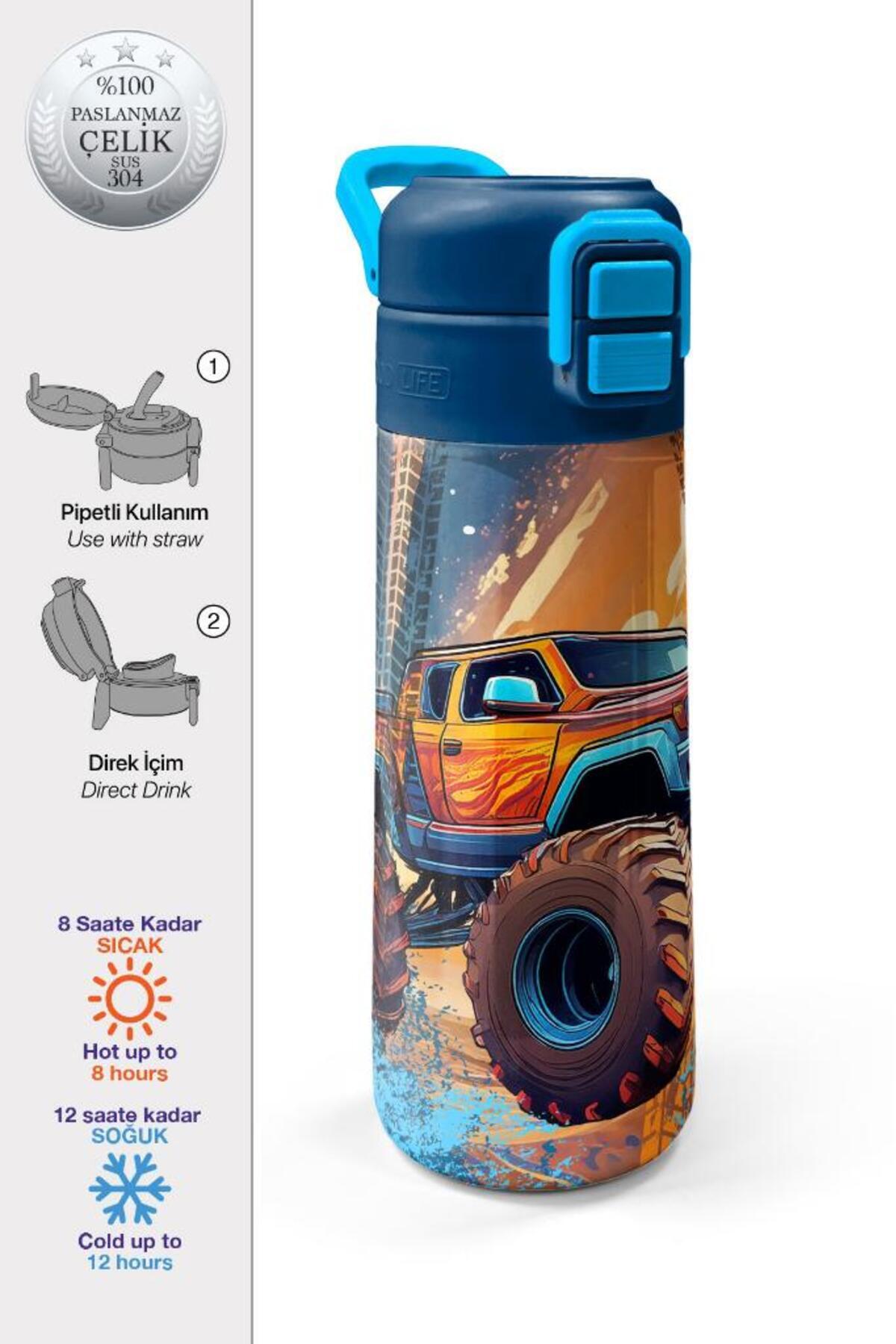 Kids Turuncu High Wheels Truck Desenli Pipetli ve Direkt İçim Çelik Termos 500 ml 31994