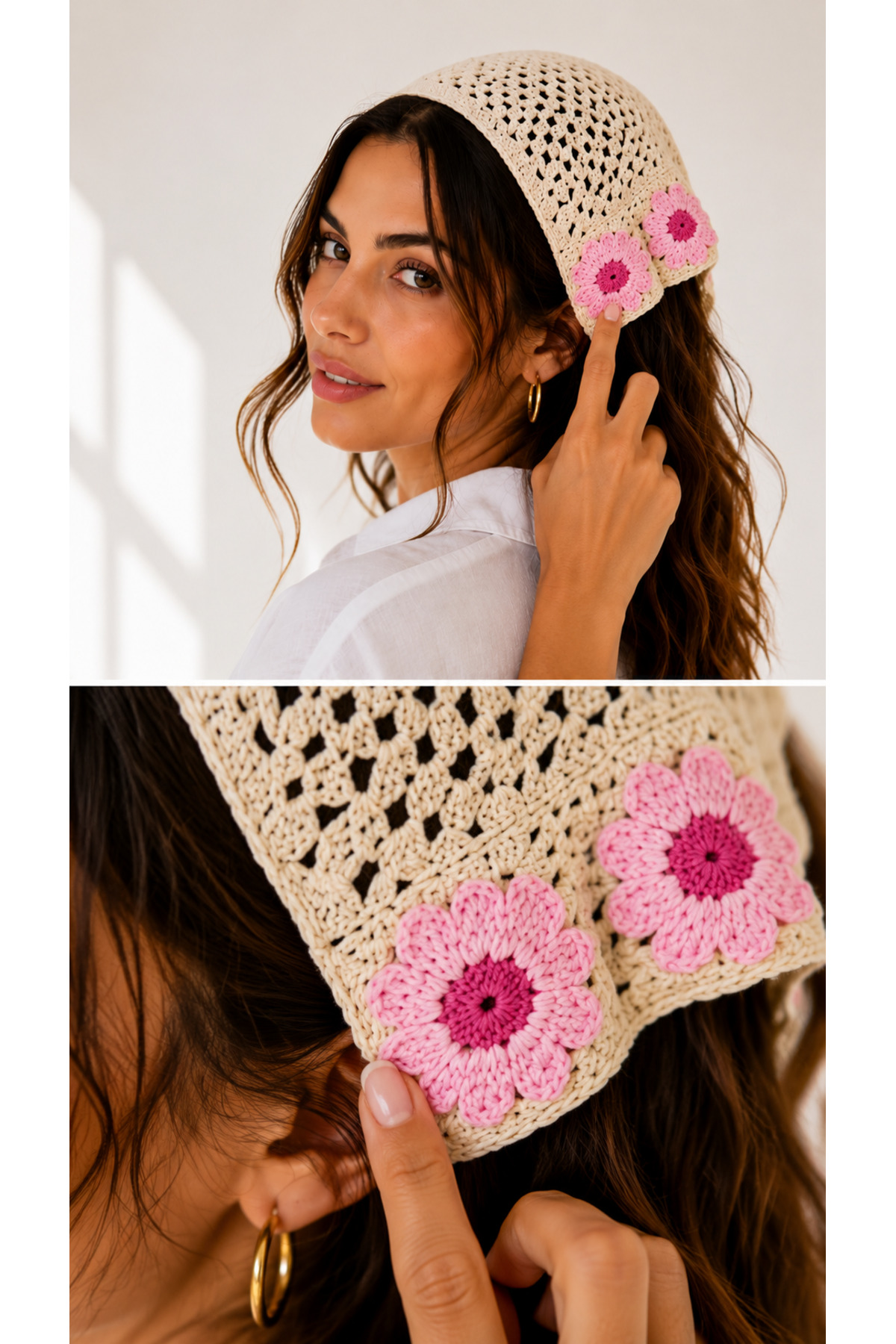 Kadın Örgü Bandana Çiçek Motifli Yazlık Bohem Saç Bandanası
