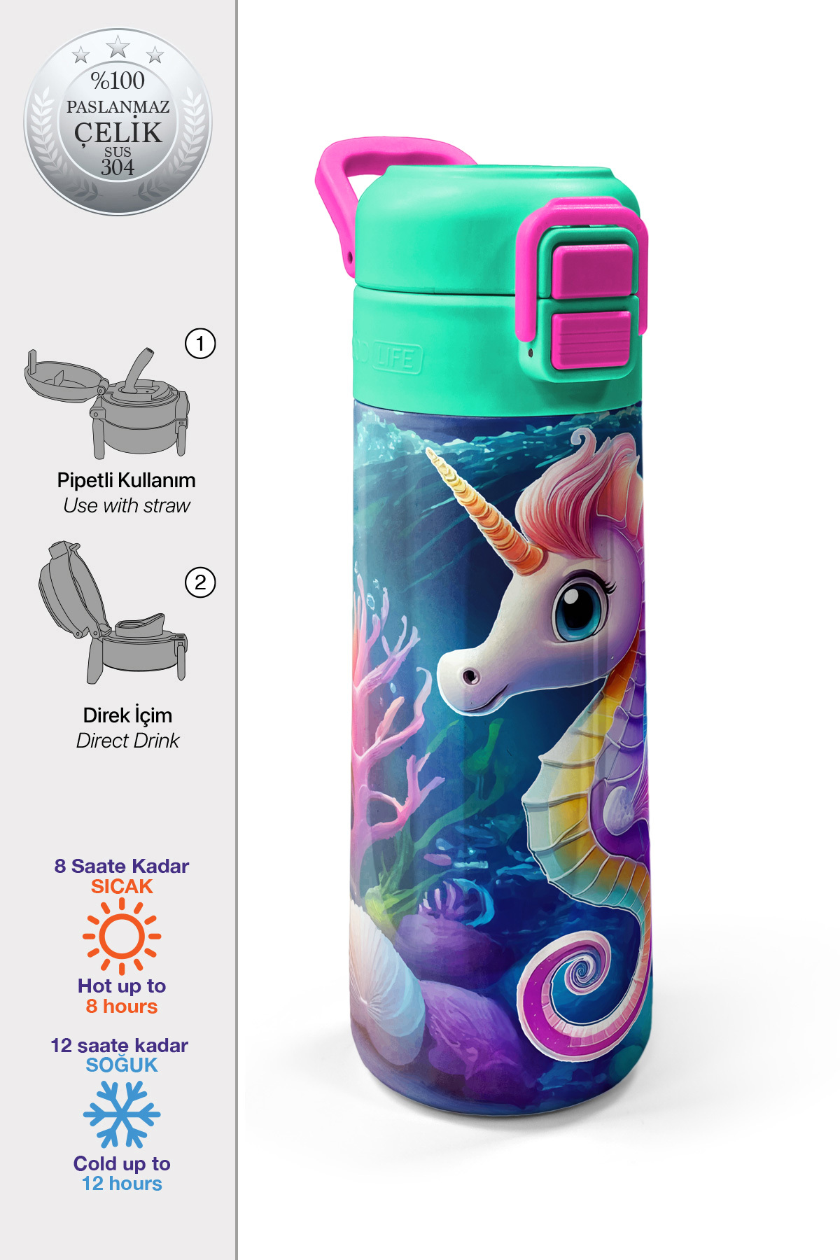 Kids Denizatı Desenli Pipetli ve Direkt İçim Çelik Termos 500 ml 31988