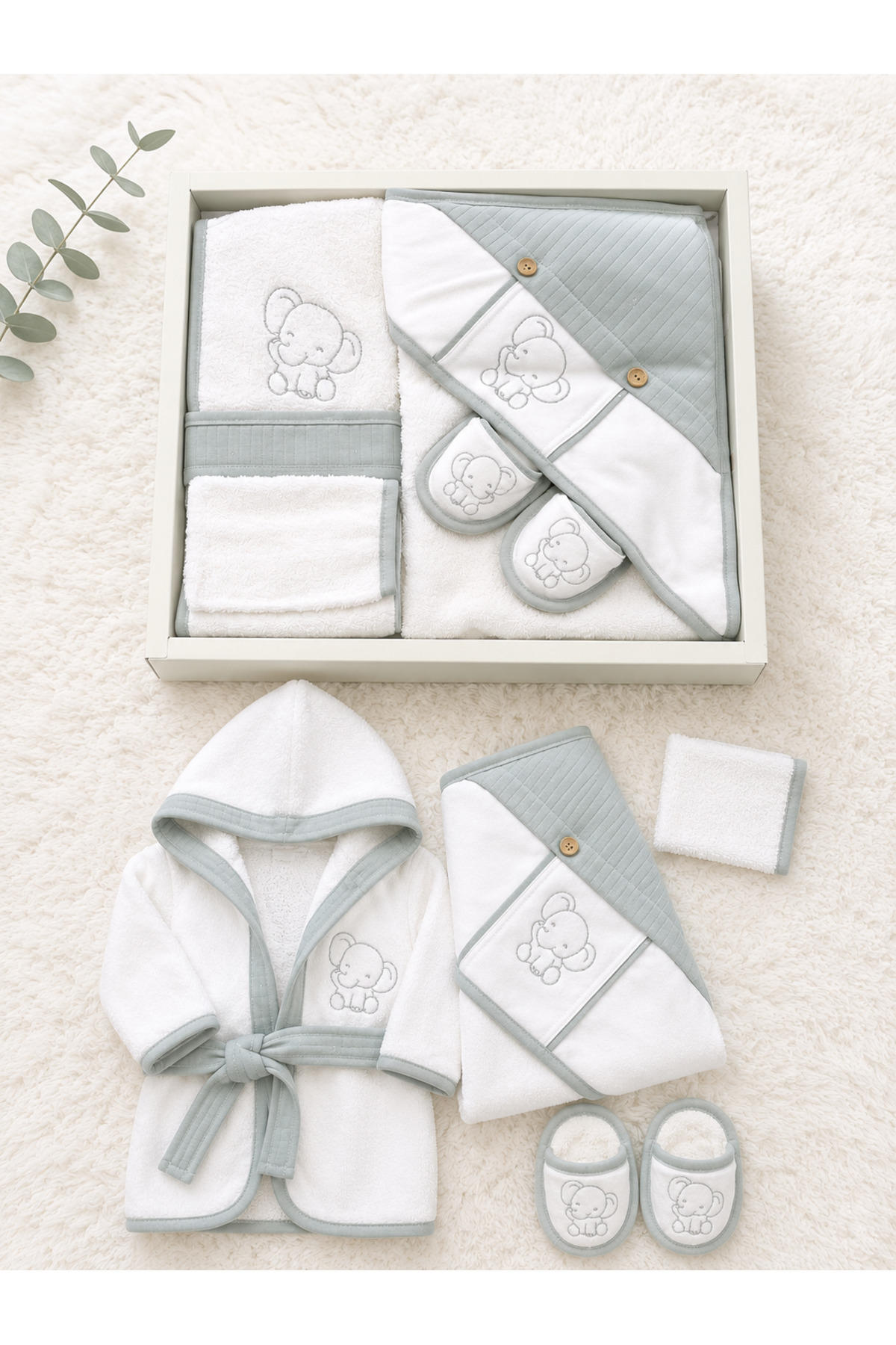 4-Piece Baby Set Elephant Embroidered Bathrobe Towel Bootees – 100% Cotton