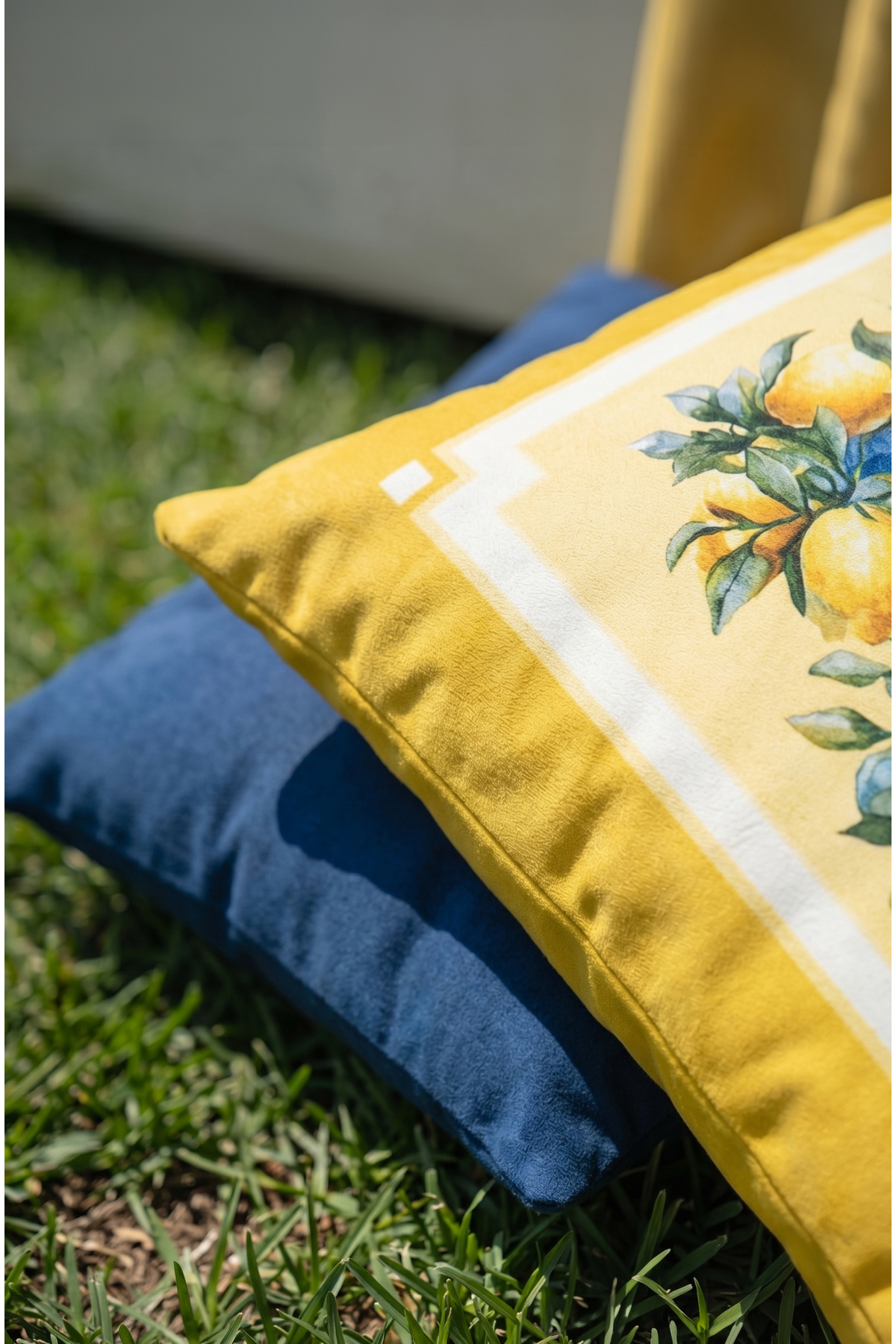 Ephesus Lemon Pattern Blue, Yellow, White Square Cushion 43 x 43 Cm Double Sided Cushion Cover