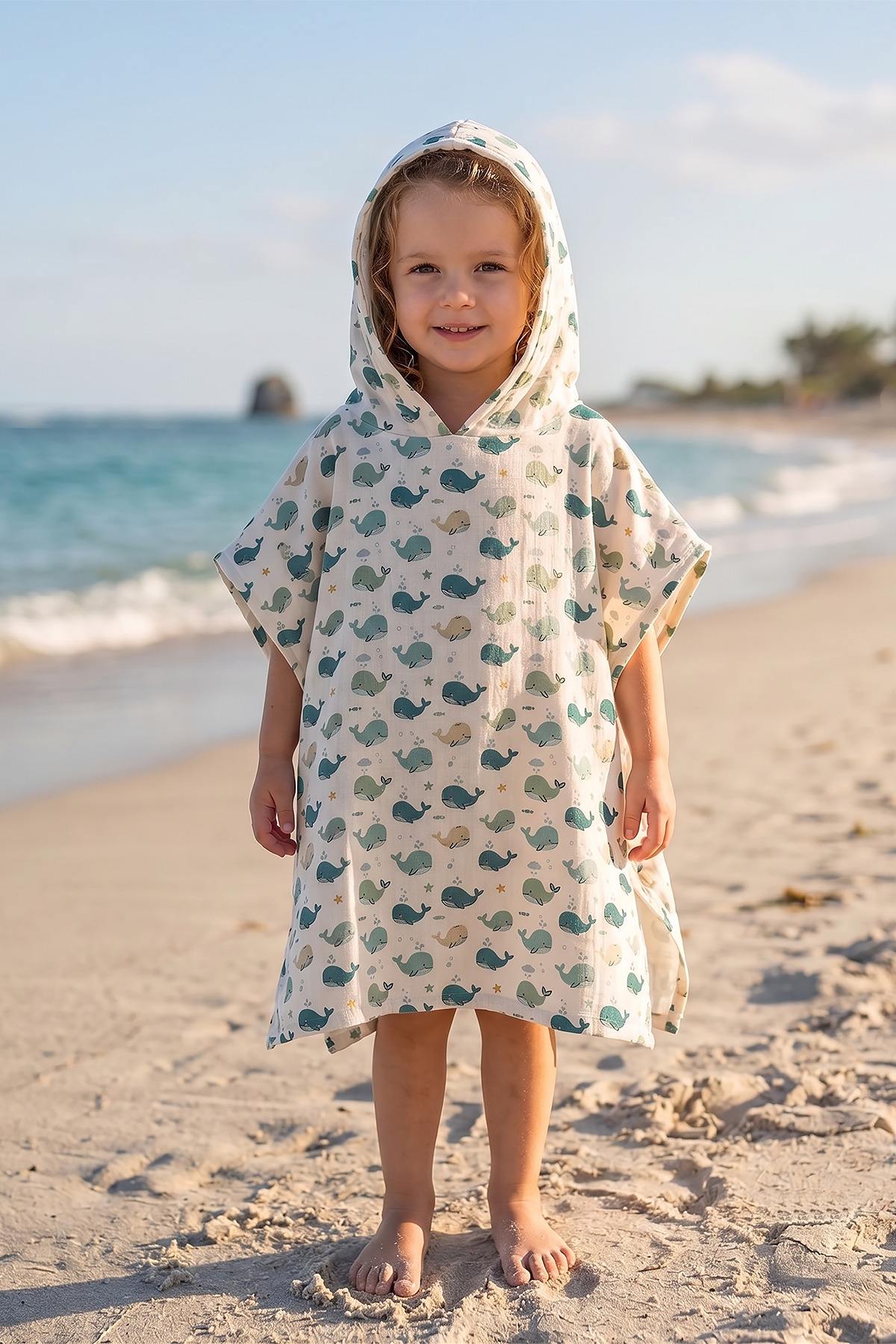 Organic 100% Cotton Muslin Patterned Children's Poncho - Hooded Sea, Pool and Bath Towel