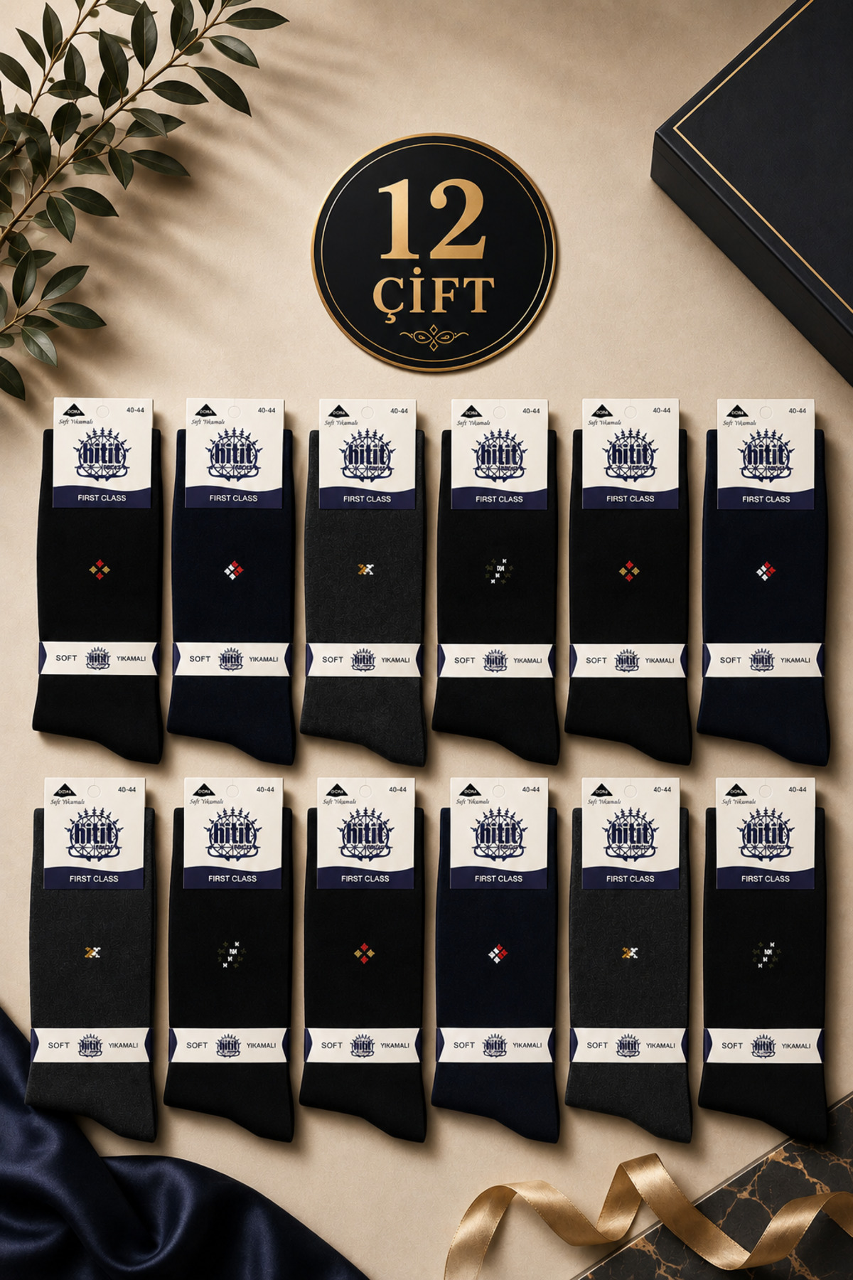 Hitit Socks Erkek 12 Çift Günlük Sıkmayan Boğazlı Pamuklu Desenli Uzun Çorap