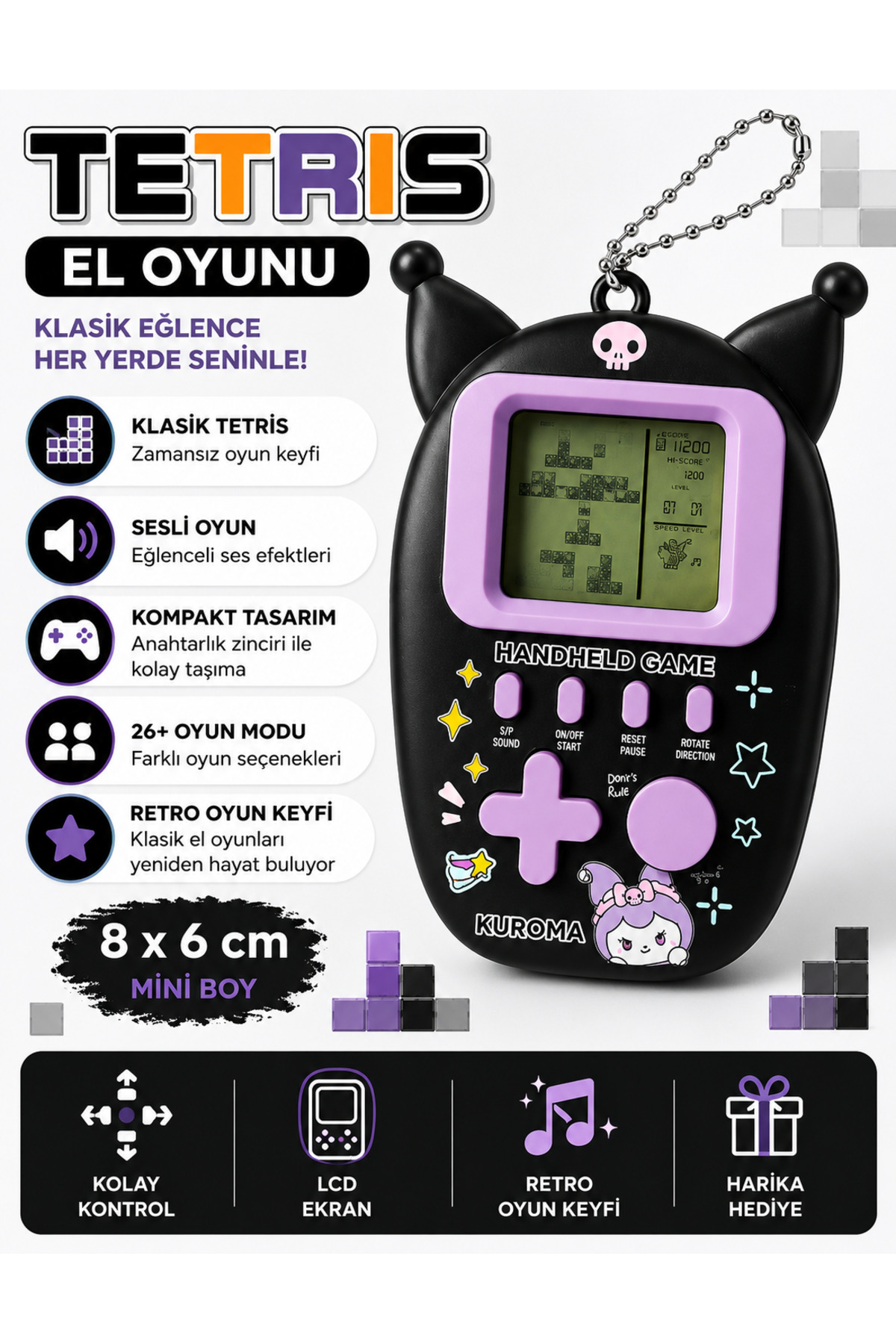 kruxon Kuromi Temalı Mini Tetris El Oyunu 8x6 cm LCD Anahtarlıklı
