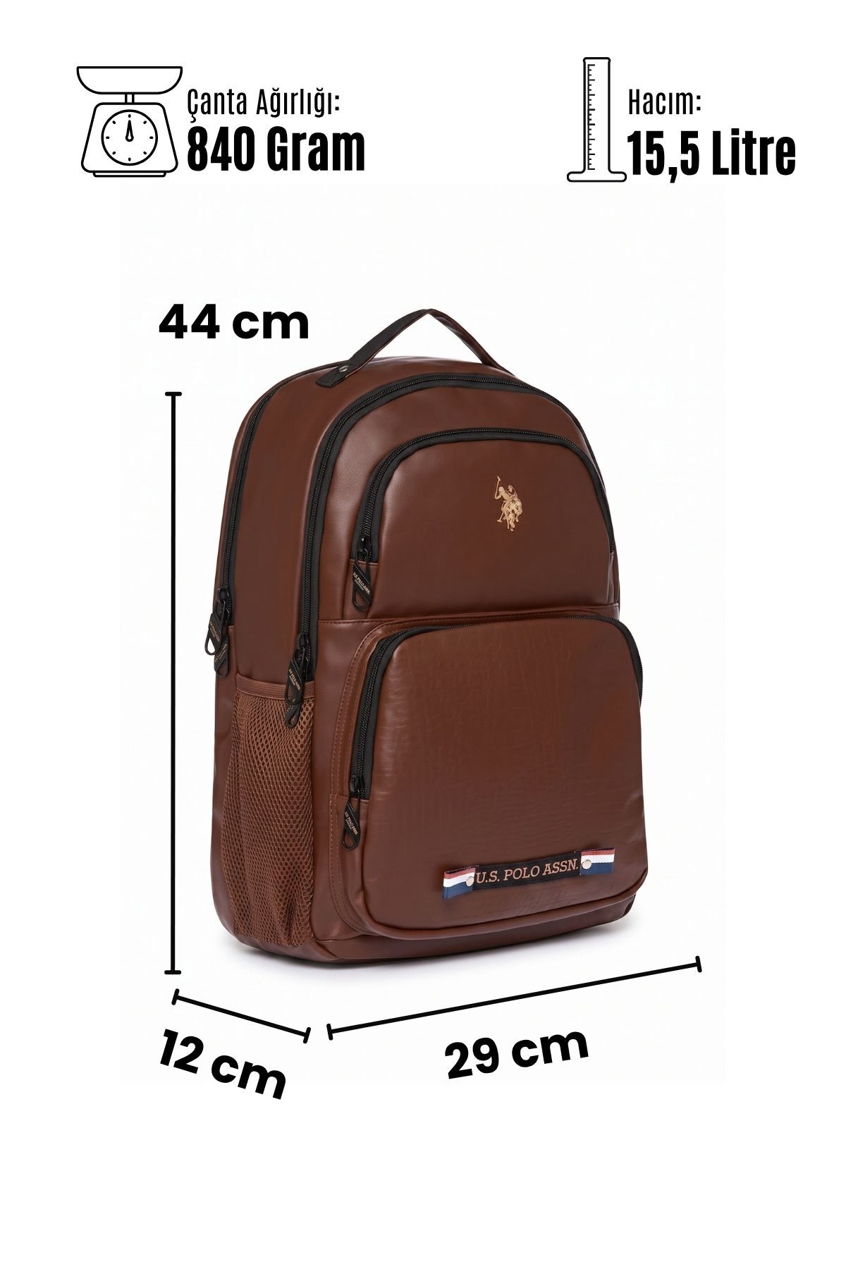 U.S. Polo Assn. 24424-24426 Unisex Vegan Sırt Çantası Okul Çantası Seyahat Kamp Çantası KAHVERENGİ görsel 8