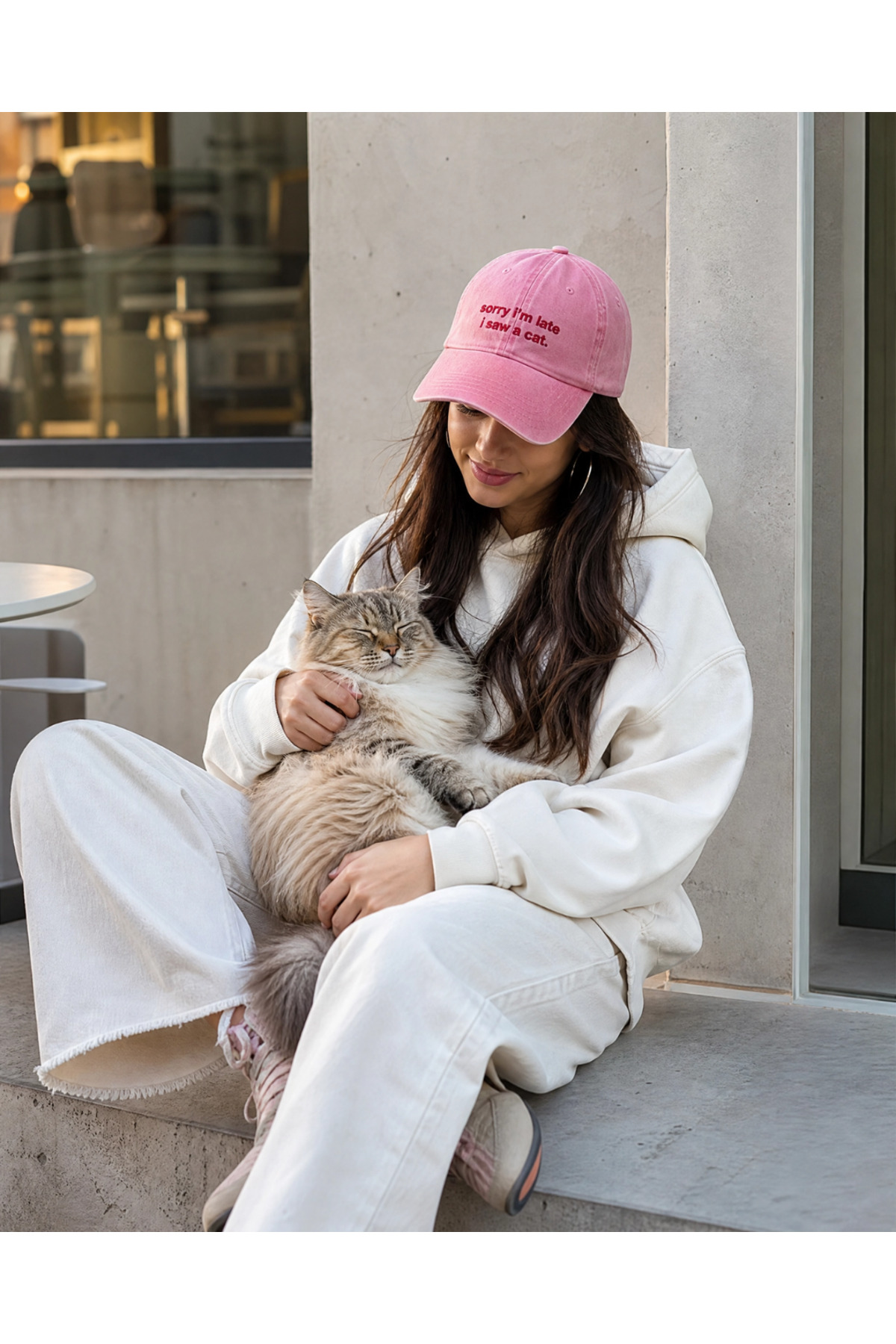 Tresore ''Sorry I'm Late I Saw A Cat'' Nakışlı Yıkamalı Şapka / Kedi Nakışlı Washed Cap görsel 4