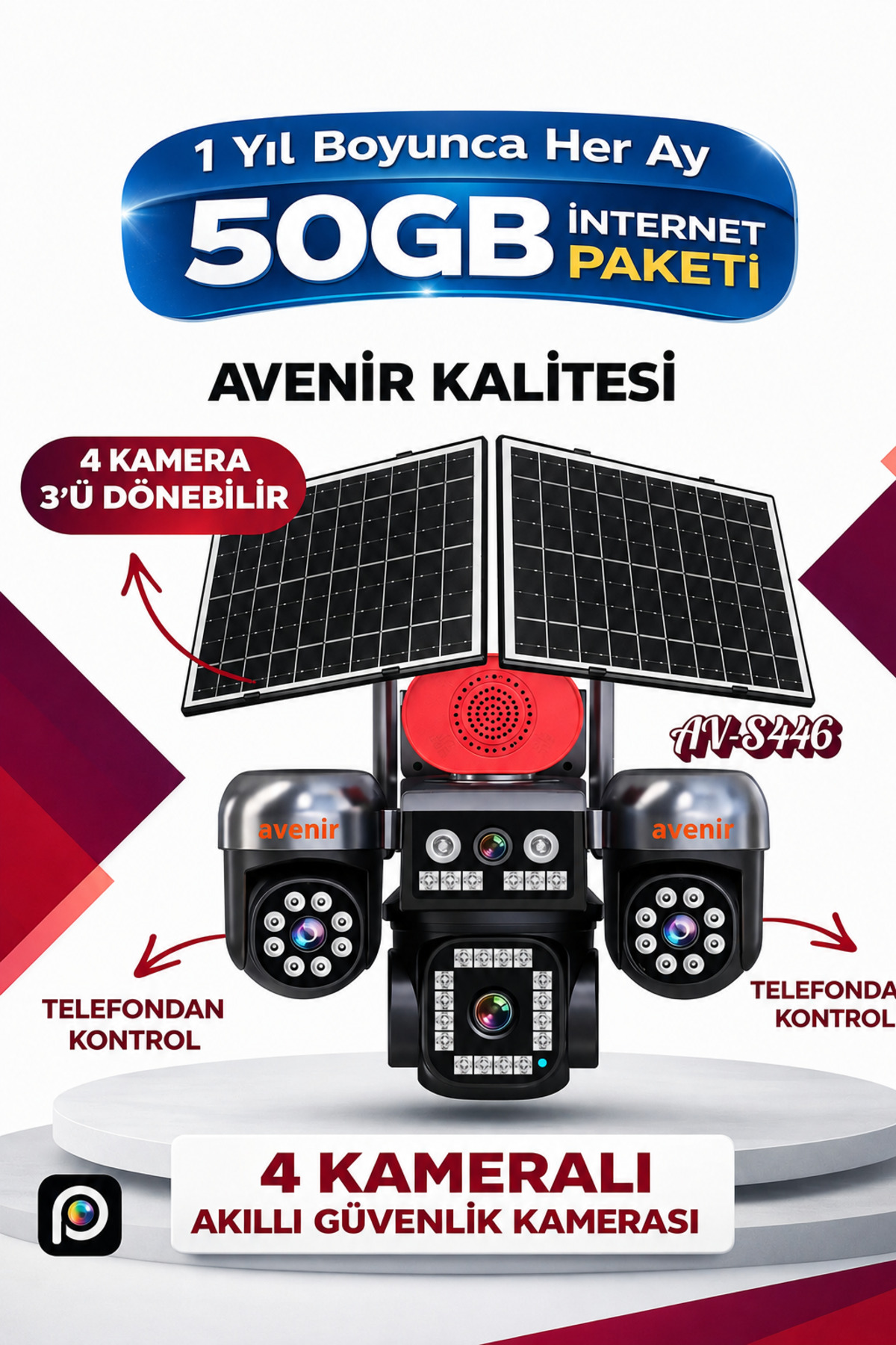 4 Camera Phone 3 Rotatable Solar Powered Security - AOV 24/7 Sim Card 1 Year Every Month 50GB S446