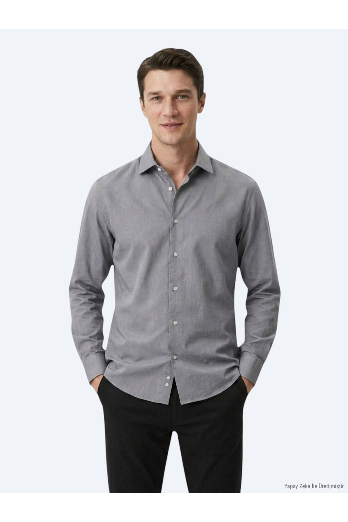 Kip Gri Regular Fit Uzun Dokuma Casual Pamuk Karışımlı Gömlek — خاکستری 53805