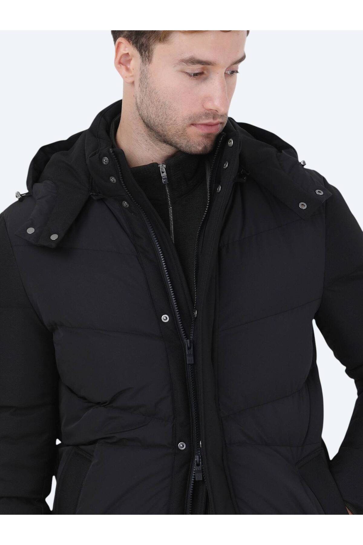 Kip Siyah Regular Fit Kapüşonlu Casual Dokuma Kaban görsel 5