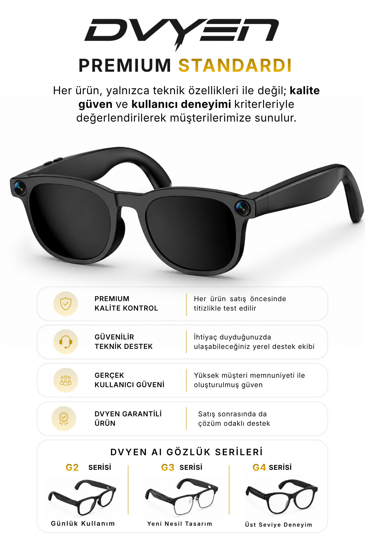 Resim DVYEN G2 Pro Akıllı Yapay Zeka (AI) Güneş Gözlüğü - Kamera Bluetooth Hafıza Müzik AI Ast Canlı Çeviri IPX5 