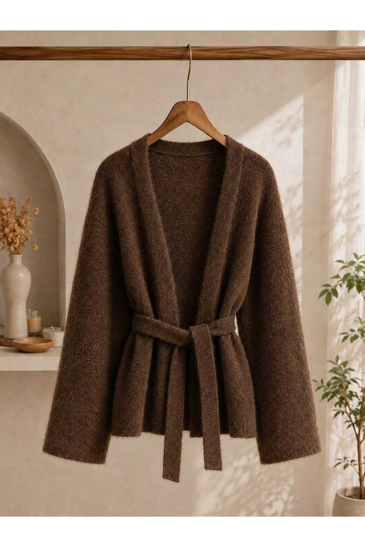 DAĞON'S Kemerli Kadın Sakal Triko Hırka 75 Cm