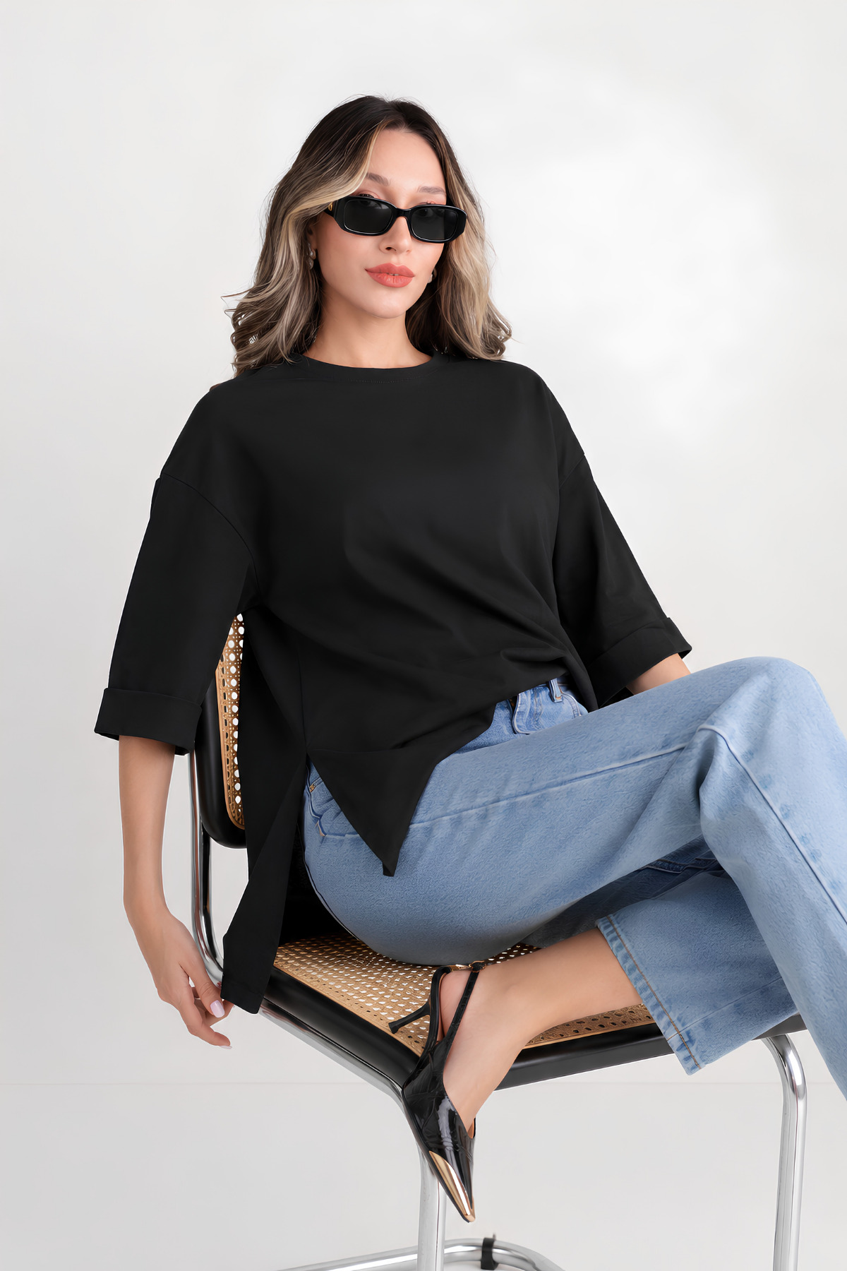 MOVİMENT Siyah Oversize Duble Kol Yandan Yırtmaçlı Uzun T-Shirt | Pamuklu Basic Bisiklet Yaka Süprem Kumaş Günlük Rahat Tişört | Standart Beden Tüm Sezon görsel 4