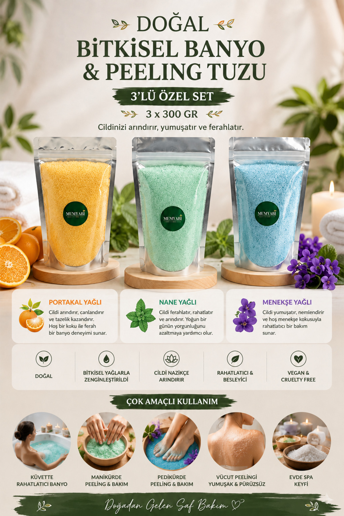 3’lü Banyo & Spa Tuz Seti Portakal Menekşe Nane Manikür & Pedikür İçin Doğal Kaya Tuzları 3 x 300 gr — tzkyzjjjrty< — تصویر 2 از 4