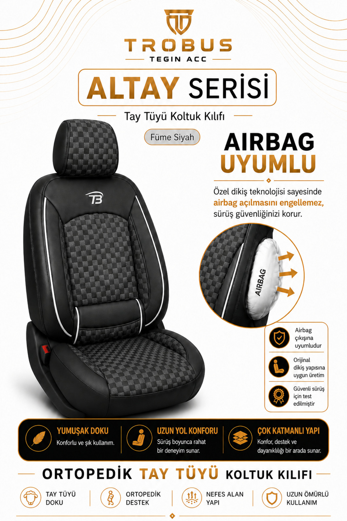 Fiat Punto 2005 ve Sonrası Uyumlu Altay Bel Destekli Tay Tüyü Siyah Beyaz Koltuk Kılıfı — alternatif görsel