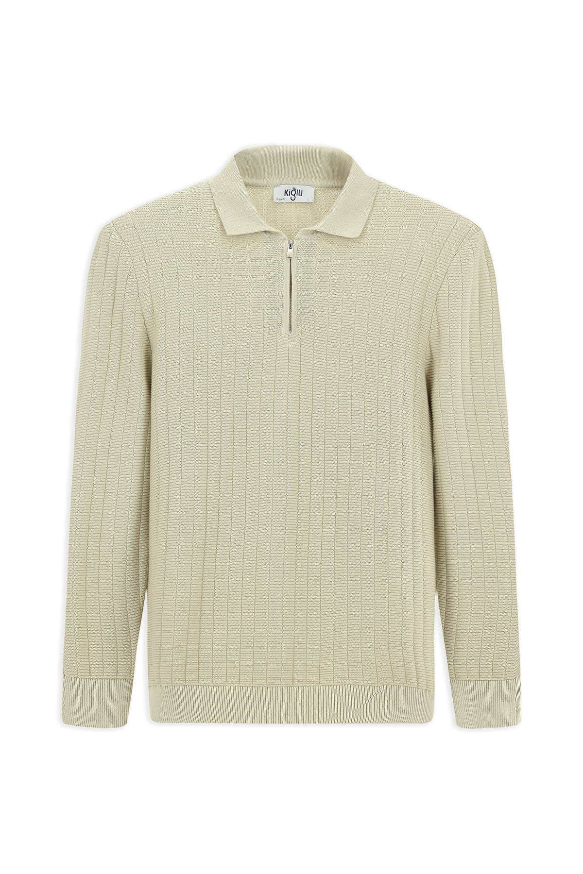 Kiğılı Polo Yaka Regular Fit Desenli Fermuarlı Pamuklu Triko Kazak görsel 2