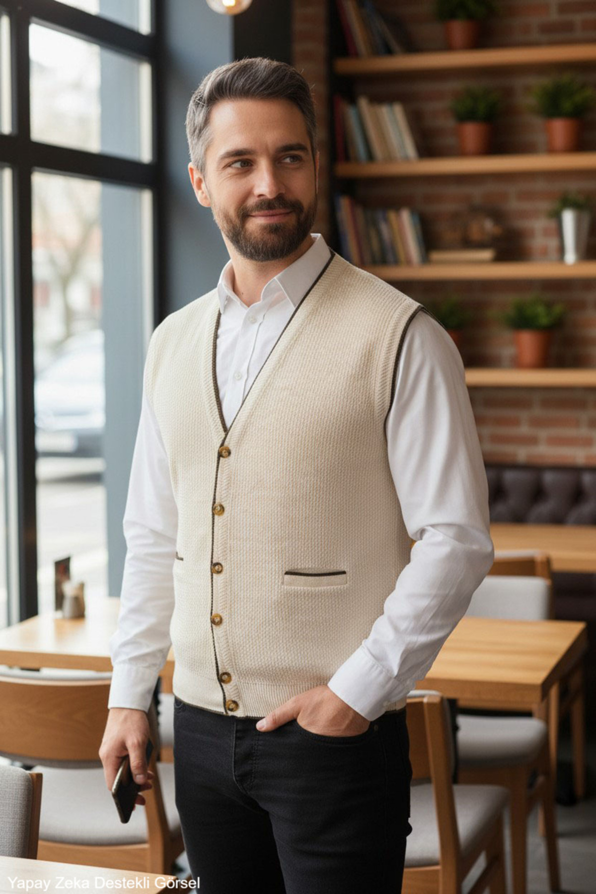 Kamalı Erkek Krem V Yaka Triko Düğmeli Cepli Çizgi Desenli Regular Fit Tüylenmeyen Örgü Yelek