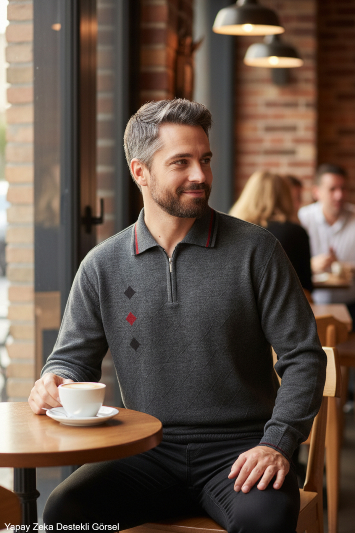 Erkek Gri Tüylenme Yapmayan Standart Fit Normal Kesim Nakış Desen Polo Yaka Triko Kazak