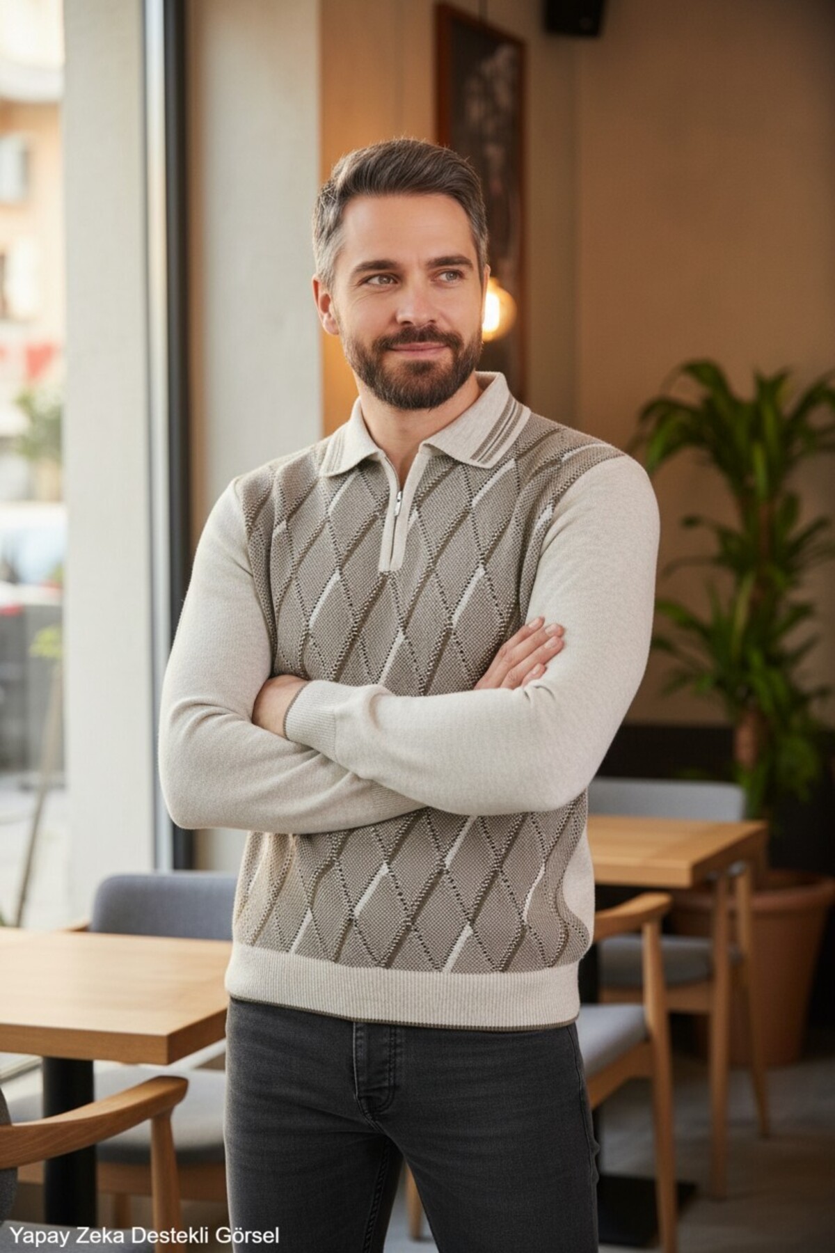 Standart Fit Krem Renk Polo Yaka Tüylenmez Triko Kazak — خاکستری kml110gml — تصویر 6 از 8