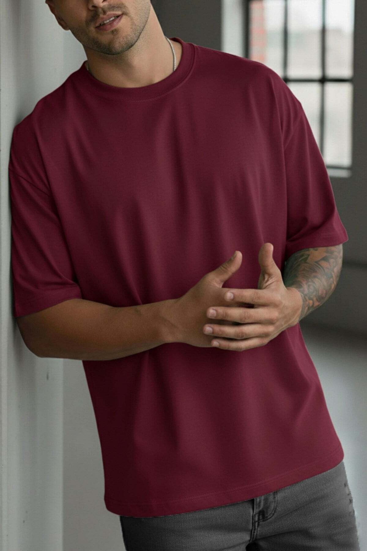 Teenage Millionaire Erkek Bordo Basic Düz Baskısız Oversize Salas T-Shirt görsel 5