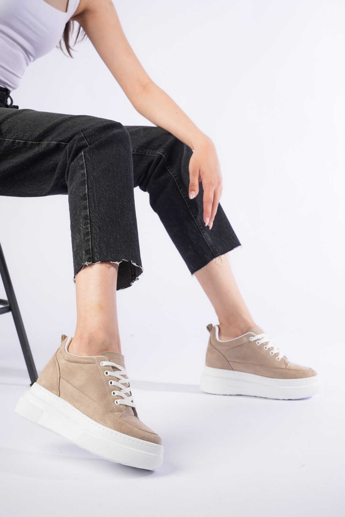 She BOY UZATAN KADIN İÇTEN GİZLİ TOPUKLU VİZON BEJ SPOR AYAKKABI SNEAKER