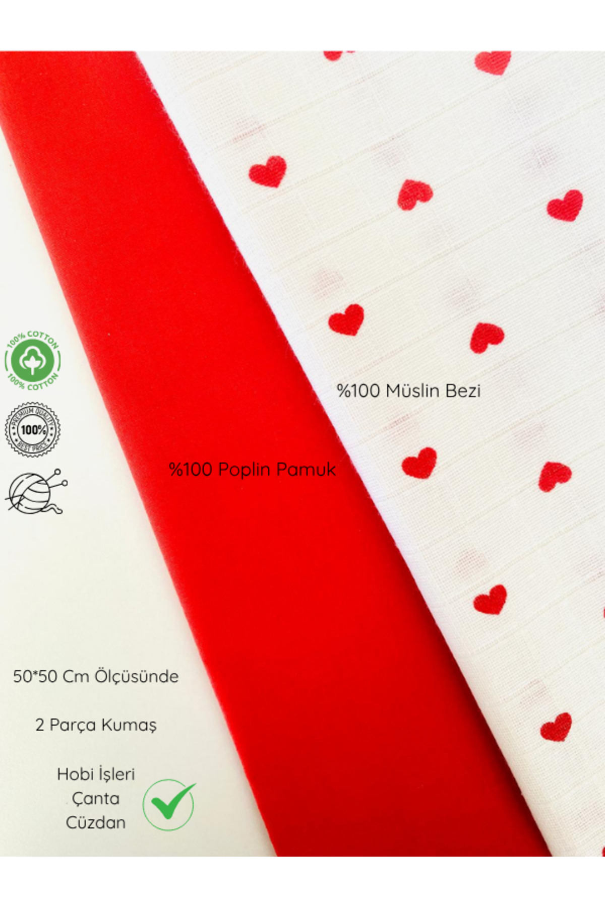 2 Pieces Width 50 cm Plain Red and Heart White Muslin Bags, Wallets, Cotton Piece Fabric for Hobby Works