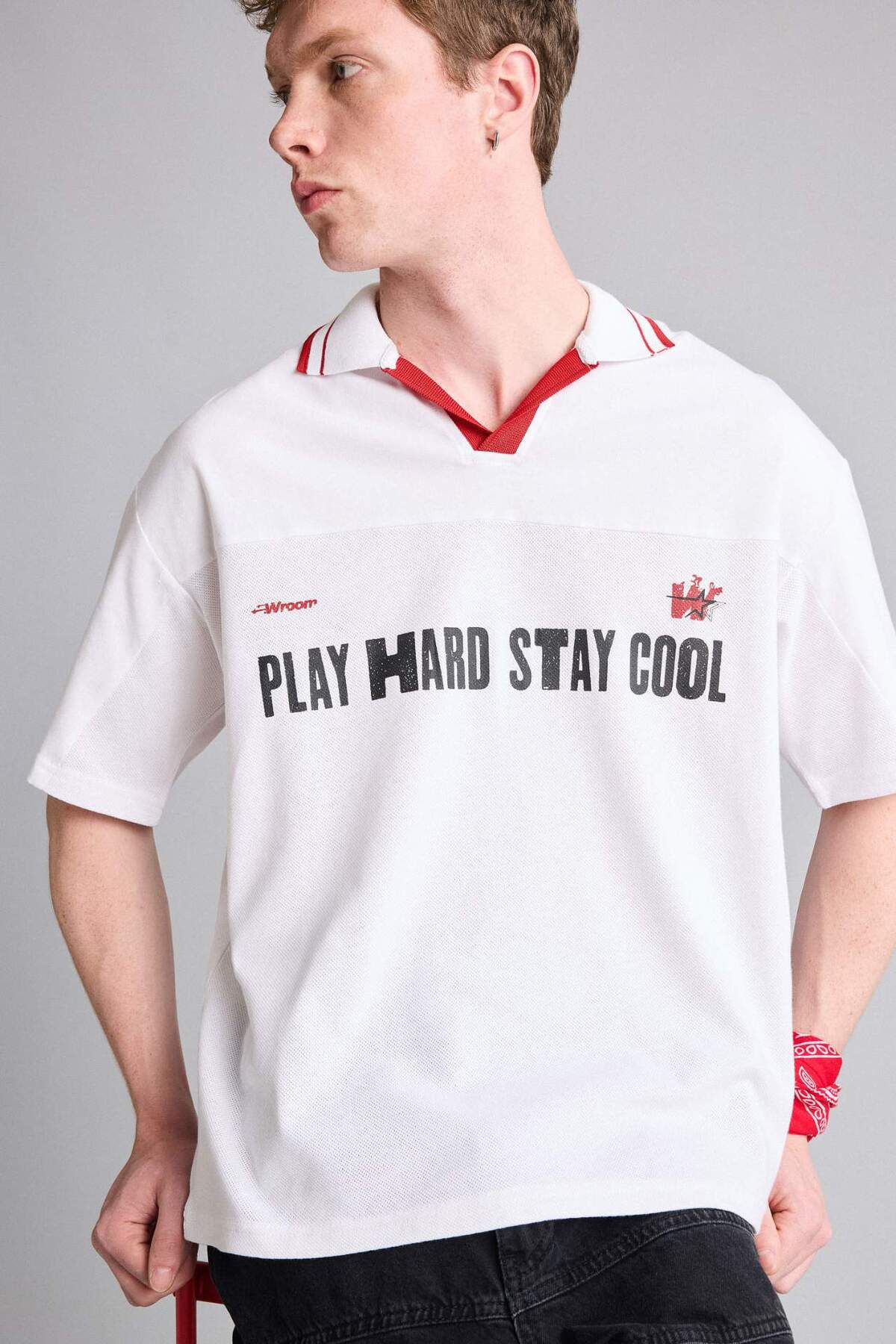 Defacto 100% Cotton Loose Fit Polo Collar Slogan Printed Short Sleeve Polo T-Shirt G4274Ax26Sm