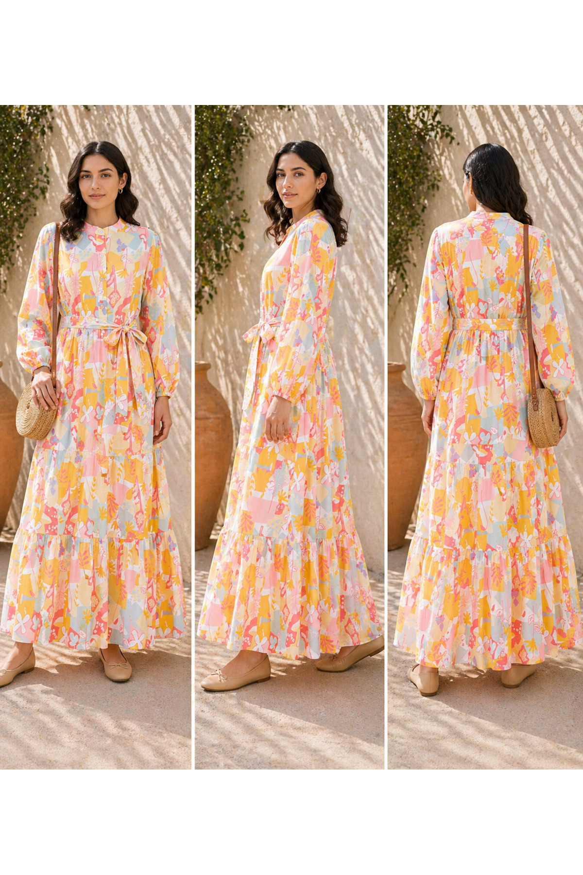 LINELLE Pink & Yellow Patchwork Botanical Print Tiered Casual Dress