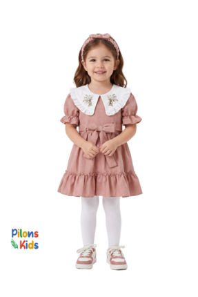 Pilons Kids Vintage Yaka Kız Çocuk Pembe Elbise Kuşaklı ve Saç Bandı Seti - Ç...