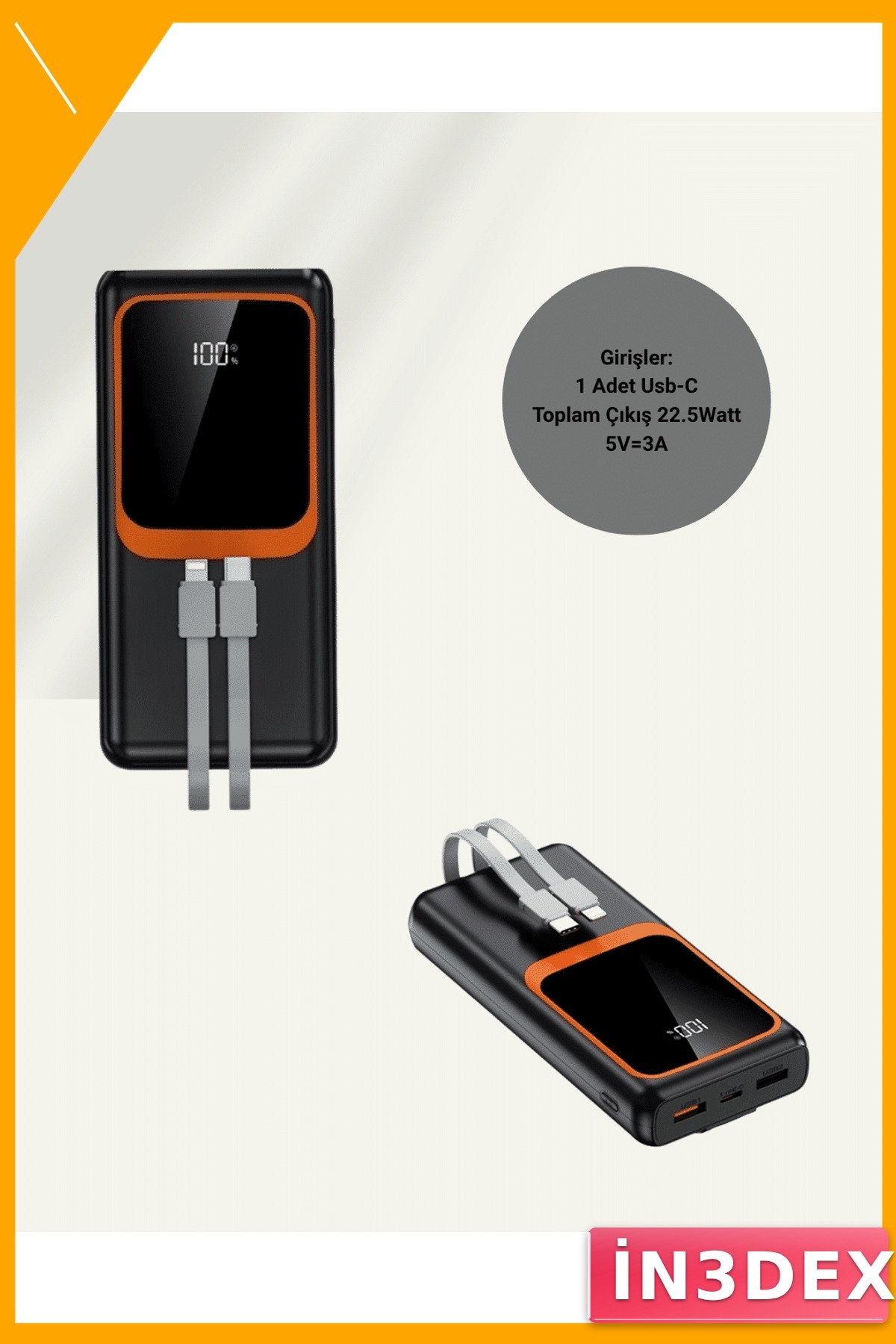 22.5W Hızlı Şarj Powerbank 20000 mAh Çok Kablolu Taşınabilir