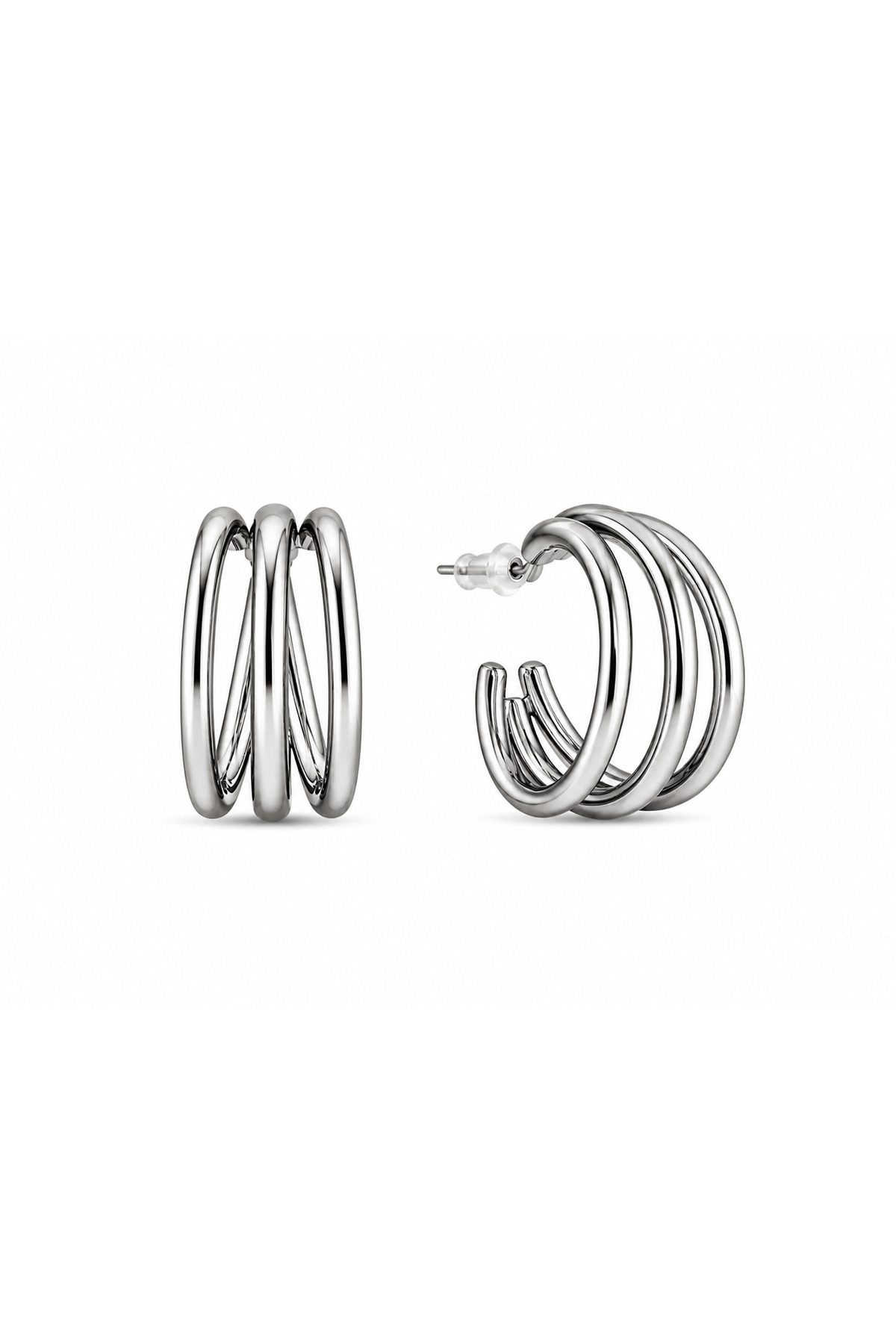 Kadın Çoklu Halka Formlu Çelik Küpe – Modern Silver Tasarım, Günlük & Şık Kullanım