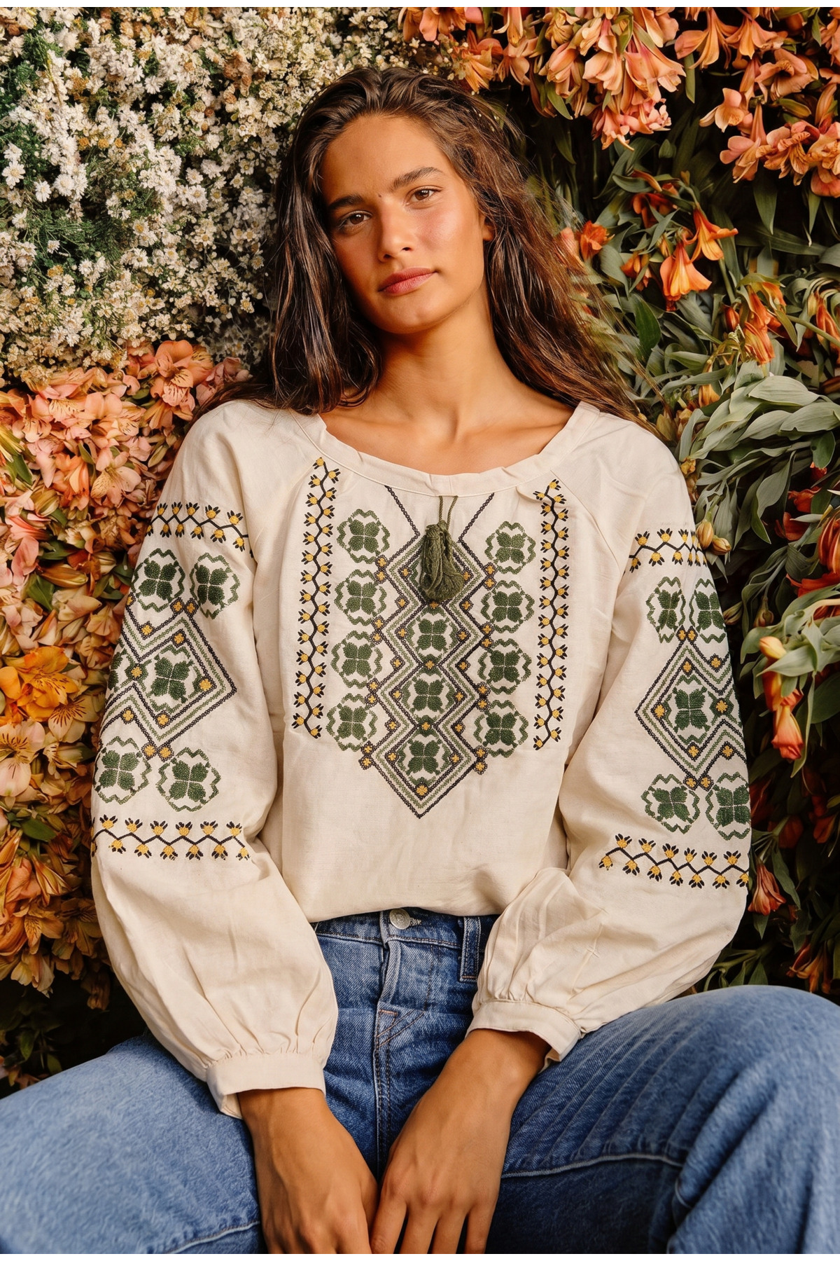 Women's Beige Tasseled Balloon Sleeve Embroidered Cotton Blouse