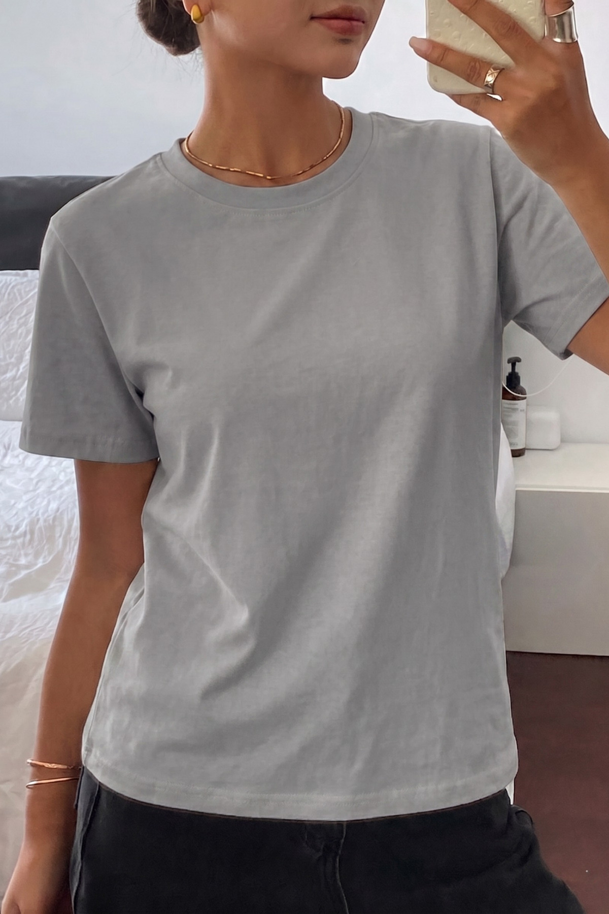 Women's T-Shirt Grey Crew Neck Basic T-Shirt 100% Cotton Casual Fit T-shirt