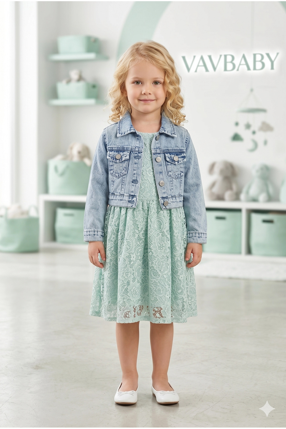 VaVbaby Girl's Lace Dress and Denim Jacket 2-Piece Set-Green- Trendyol