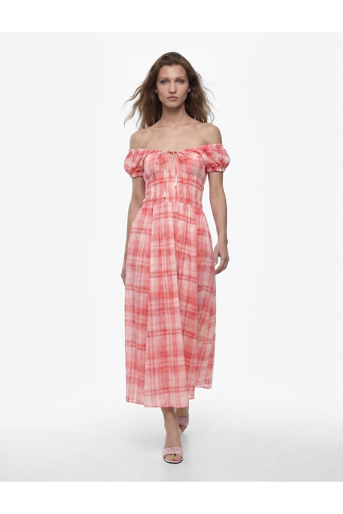Koton Viscose Fabric Voluminous Ruffle Short Sleeve Bow Tie U-Neck Checkered Long Dress