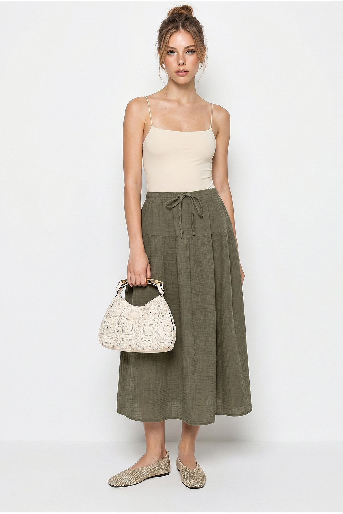 Women Elastic Waist Lace-up Muslin Midi Skirt YE4473 60286111