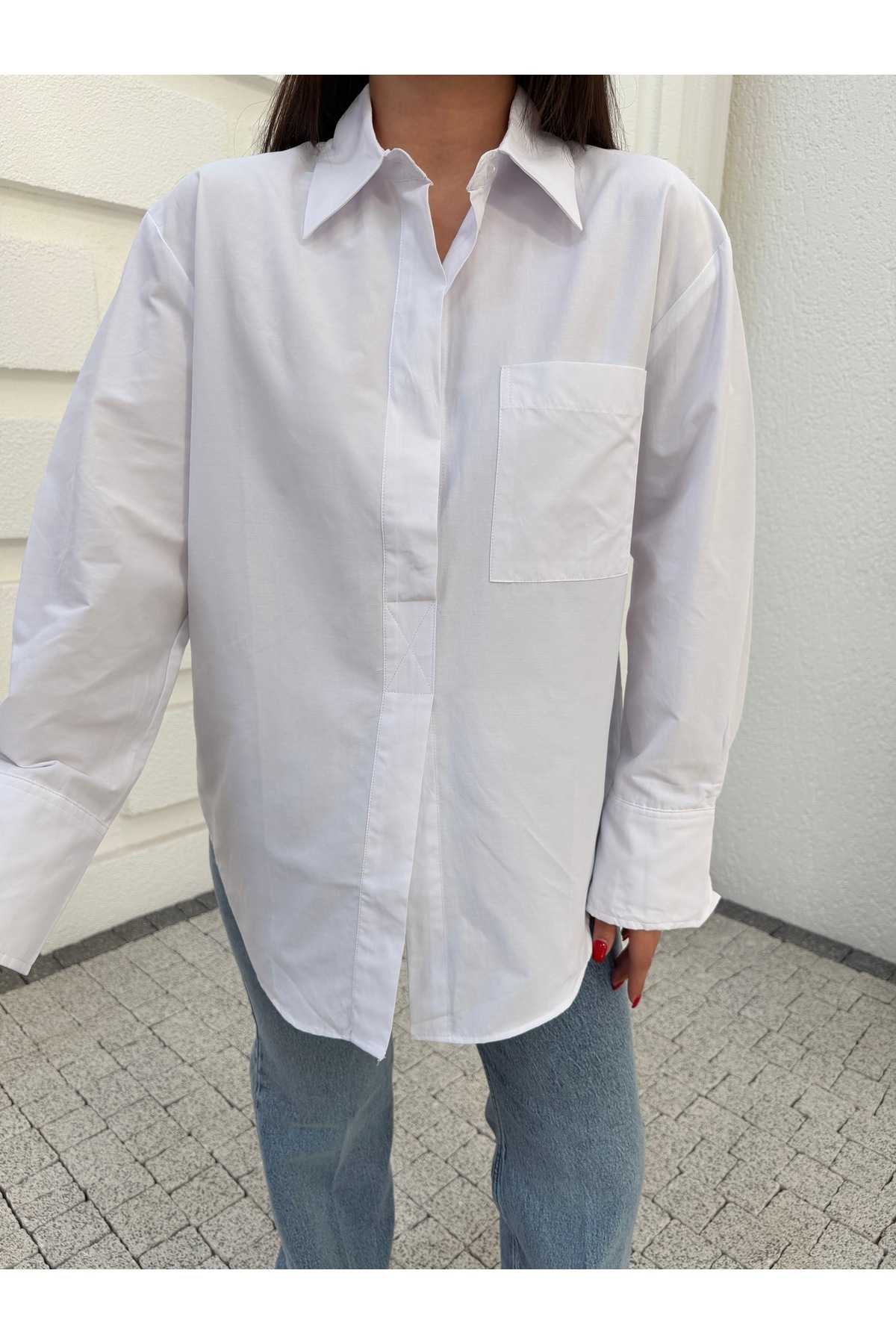 Myra Fashion Oversize Poplin Gömlek Tek Cepli Geniş Kesim Uzun Kol Bluz Kadın Trend Modern Stil Klasik Gömlek görsel 6