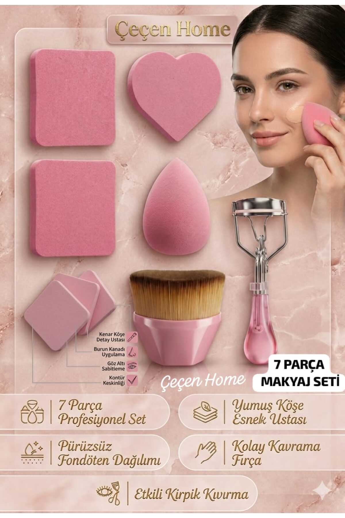 ÇEÇEN HOME 7 Parça Makyaj Seti ,Kirpik Kıvırıcı + Yumuşak Yumurta