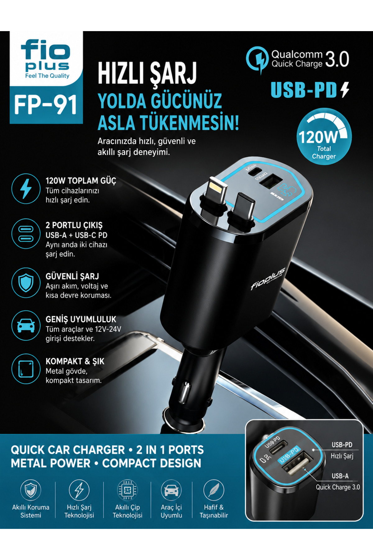FP-91 120W 4’ü 1 Arada Hızlı Araç Şarj Cihazı