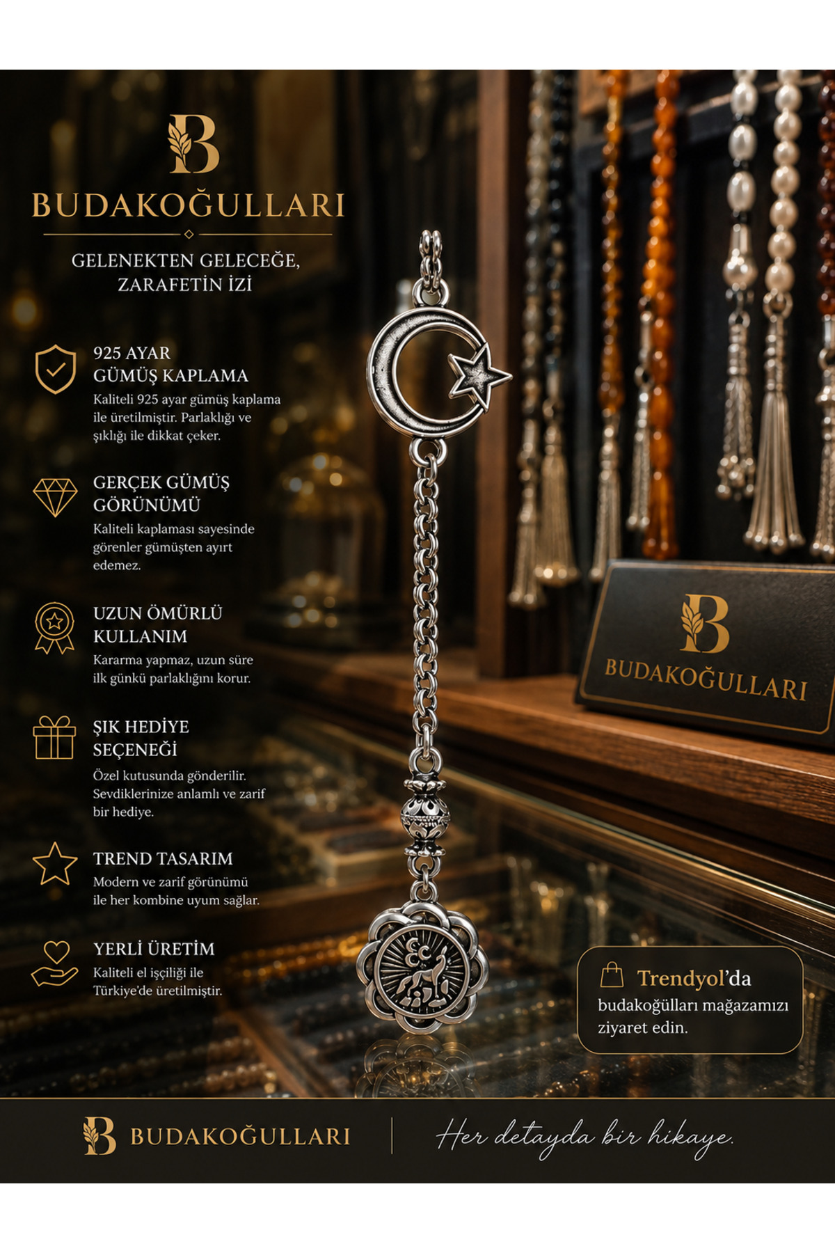 925 Carat Silver Plated Albanian Chain Ready Rosary Tassel with Şanlı Ayyıldız & Bozkurt Motif