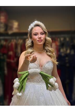 Bridal Luxe gelin çiçeği lale ve inci detaylı çiçek çanta