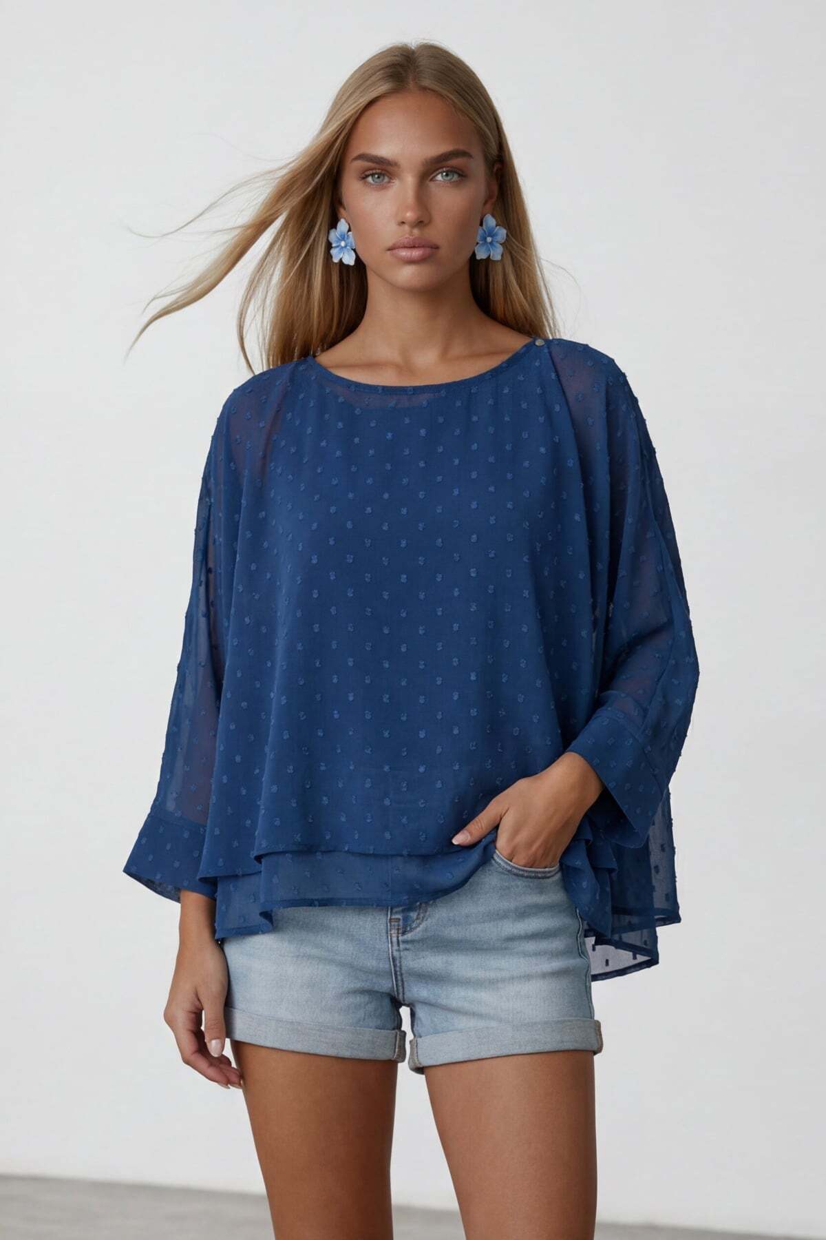 Women's Succulent Boat Neck Cloak Trimmed Cuffed Chiffon Blouse Alc-X15529