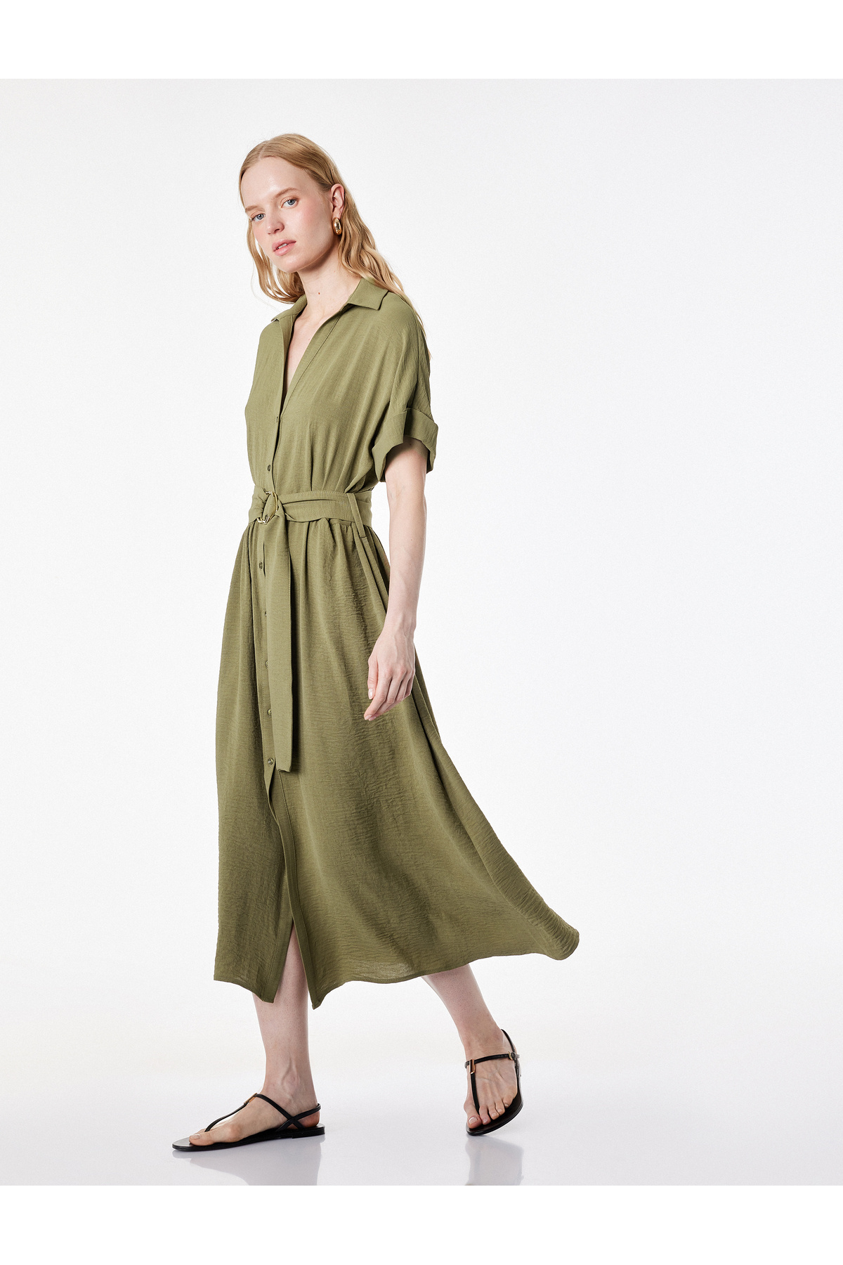 Koton Aerobin Fabric Buttoned Short Sleeve Belted Midi Shirt Dress