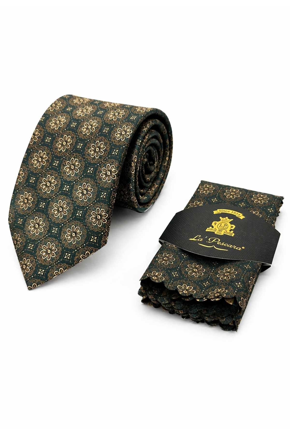 Kravatkolik Yeşil - Sarı Motif Desen Mendilli Klasik Kravat KK13703 görsel 3