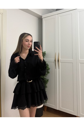 noura boutique Kadın Siyah Dantel Detaylı Volanlı Kemerli Mini Elbise