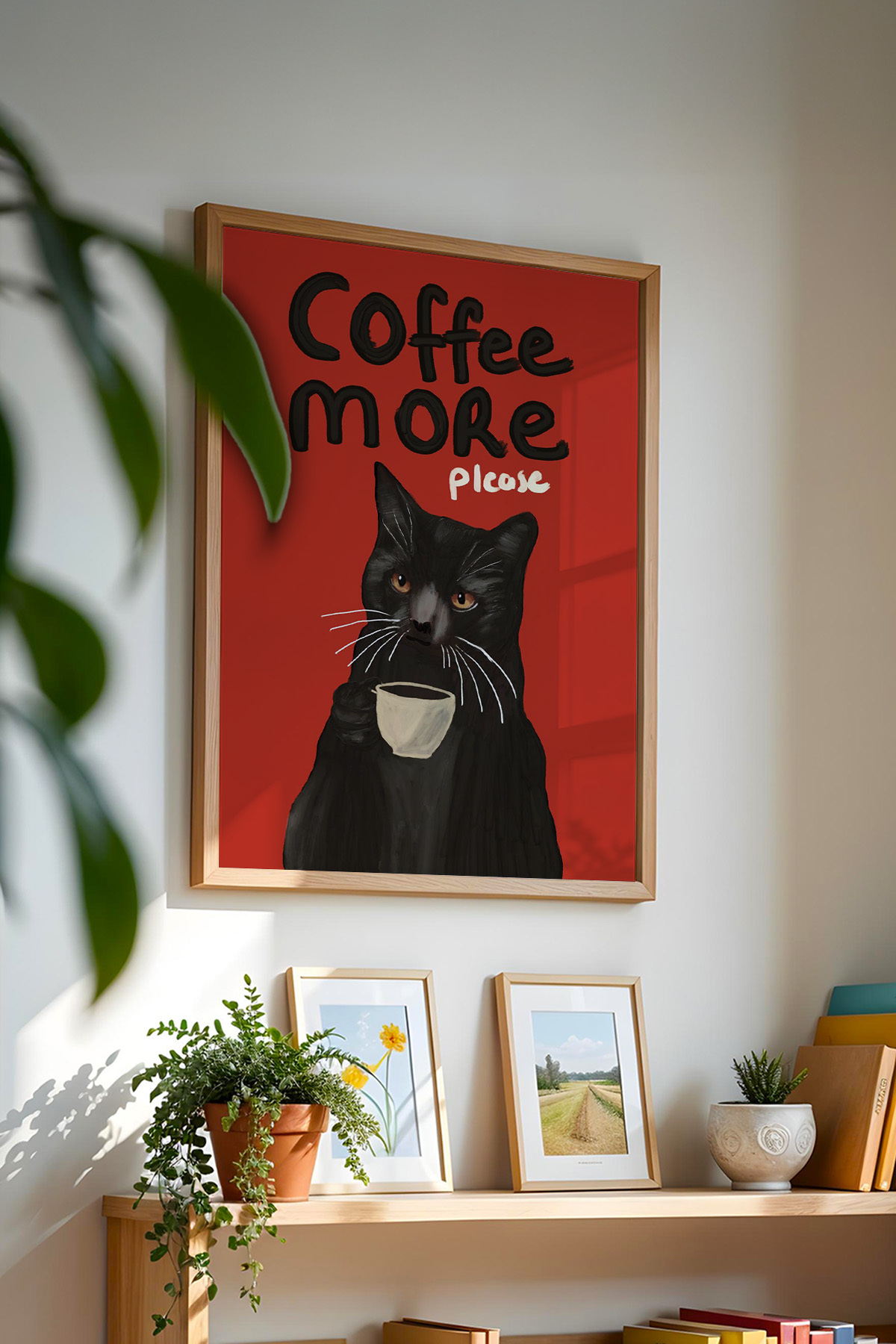 Kahve İçen Kedi Poster Siyah Kedi İllüstrasyon Duvar Tablosu Çerçevesiz
