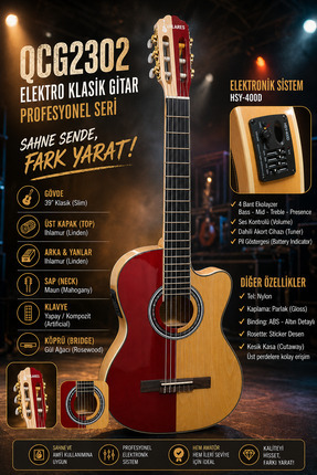 valares QCG2302C Profesyonel Seri 4/4 Elektro Klasik Gitar 4 Bant Ekolayzerli...