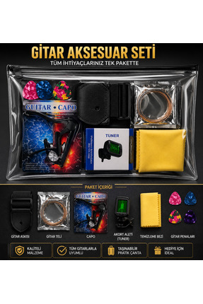 valares Profesyonel Gitar Aksesuar Seti Tuner + Capo + AKUSTİK gitar Teli + P...