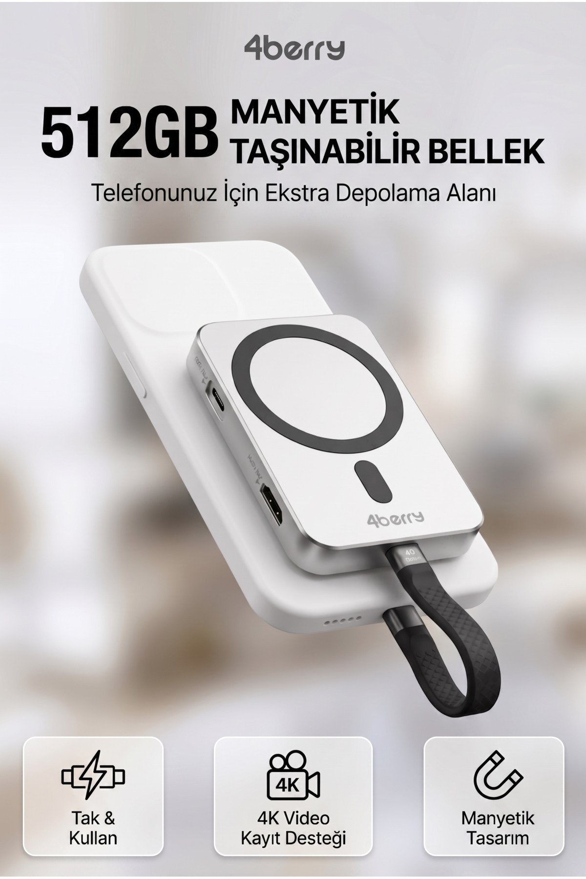 4 Berry 512GB NVMe SSD'li Telefon Uyumlu Manyetik Taşınabilir
